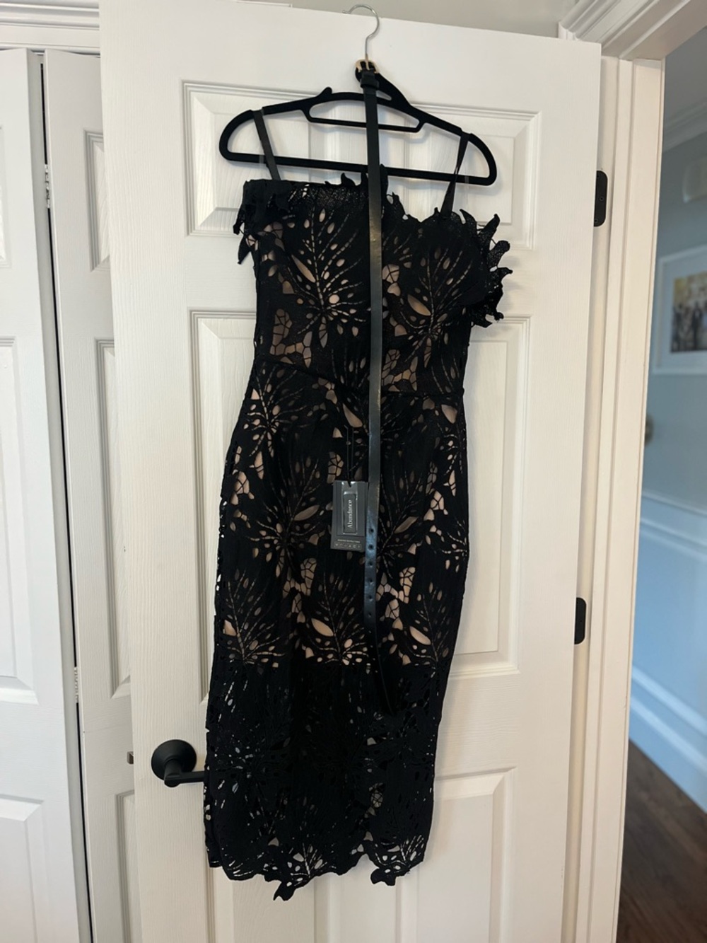 Jazlyn Black Floral Lace Midi Dress with Belt - Picture 4 of 4